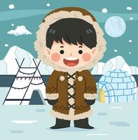 Happy little eskimo boy cartoon on background vector