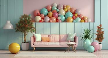 3D Rendered Easter Holiday Room with Pastel Wall Decoration Ideas. AI Generated photo