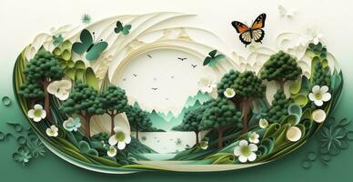 Charming Doodle Paper Style Design with Trees, Plants, and Butterflies. AI Generated photo