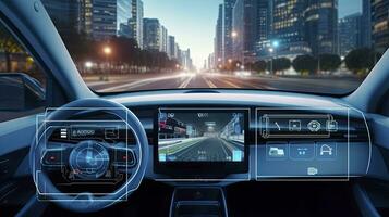 innovador inteligente coche con hud y sensor Radar sistemas en ciudad calles ai generado foto