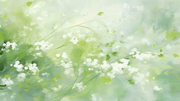 Springtime Green Watercolor Abstract with Flowers Light Teal and White Digital Painting. AI Generated photo