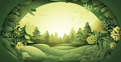 Paper Cut Forest Background with Trees and Sunlight in Shades of Green. AI Generated photo