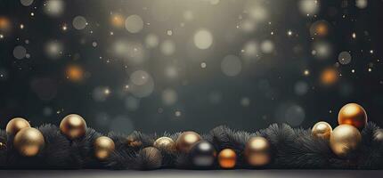 Golden Christmas Baubles and Wreath Bokeh Background in Dark Gray and Beige. AI Generated photo