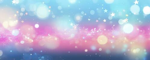 Pink and Blue Starry Bokeh Pattern on a White Space Background with Light Amber and Sky-Blue Tones. AI Generated photo