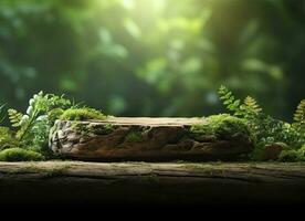 Natural Greenery Background with Wooden Stone Elements. AI Generated photo