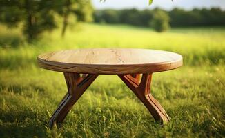 Wooden Table Top Against a Natural Scenery Backdrop. AI Generated photo