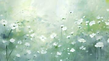 Springtime Green Watercolor Abstract with Flowers Light Teal and White Digital Painting. AI Generated photo