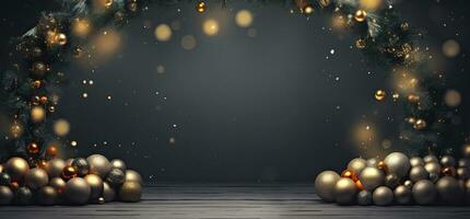 Golden Christmas Baubles and Wreath Bokeh Background in Dark Gray and Beige. AI Generated photo