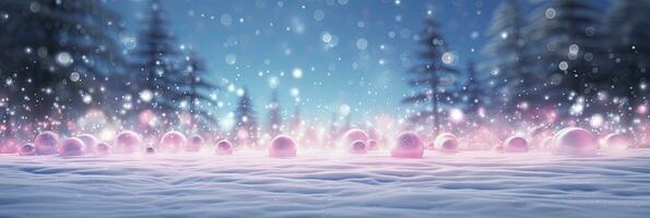 Pink Christmas Ball on a Snowy Background with Festive Pink and Aquamarine Lights. AI Generated photo