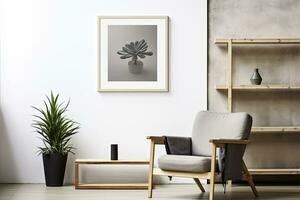 Modern Living Room with White Mock-Up Frame on Wall, Flanked by Plants and Wooden Shelves, Beside an Armchair. AI Generated photo