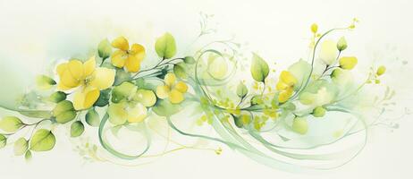 Abstract Watercolor Wallpaper with Decorative Plants in Light Green and Yellow. AI Generated photo