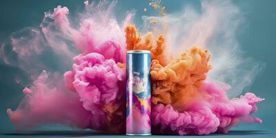Pink Aerosol Can Releasing a Cloud of Light Orange and Teal Powders. AI Generated photo