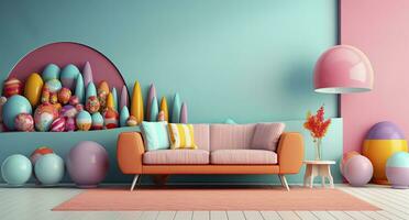3D Rendered Easter Holiday Room with Pastel Wall Decoration Ideas. AI Generated photo