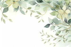 Eco-Friendly Floral Background with Subtle Ink Wash Green Leaves and Light Gold Accents. photo