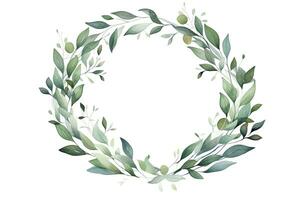 Light Teal and Gold Watercolor Wreath with Green Leaves on White Background. AI Generated photo