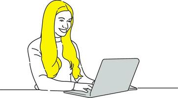 A Beautiful girl is busy with office work with laptop line art design vector