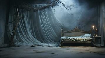 surrealista horror dormitorio con lámpara y cubrir en oscuro cian ai generado foto