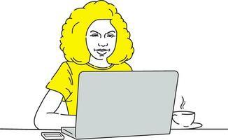 A Beautiful girl is busy with office work with laptop line art design vector