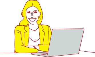 A Beautiful girl is busy with office work with laptop line art design vector