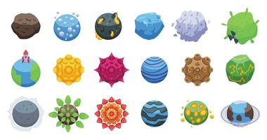 Alien planet for game icons set isometric vector. Fantasy alien vector