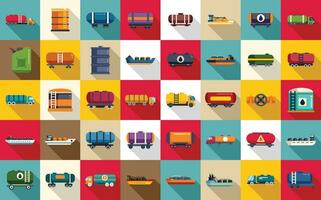 Gasoline tanker icons set flat vector. Oil ship fuel vector