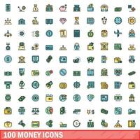 100 money icons set, color line style vector