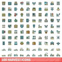 100 harvest icons set, color line style vector