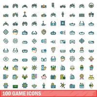 100 game icons set, color line style vector