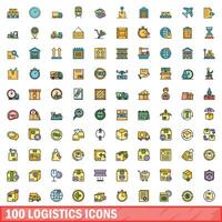 100 logistics icons set, color line style vector