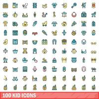 100 kid icons set, color line style vector