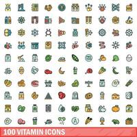 100 vitamin icons set, color line style vector