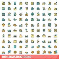100 logistics icons set, color line style vector