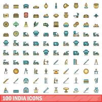 100 india icons set, color line style vector