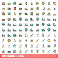 100 india icons set, color line style vector