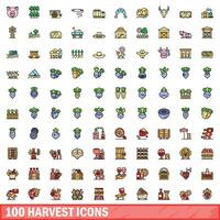 100 harvest icons set, color line style vector