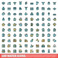 100 water icons set, color line style vector