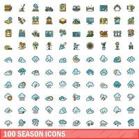 100 season icons set, color line style vector