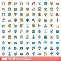 100 network icons set, color line style vector