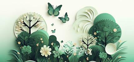 encantador garabatear papel estilo diseño con árboles, plantas, y mariposas ai generado foto