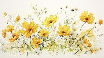 Yellow Cosmos Flowers Blended with Watercolor Paint on Paper. AI Generated photo