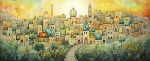 Dreamy Watercolor Painting of Jerusalem's Colorful Townscape with Vibrant Gardens. AI Generated photo