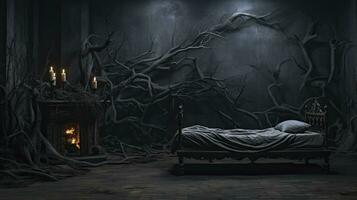 Gothic Black and White Bedroom with Candlelight in a Creepy Rustic Room. AI Generated photo