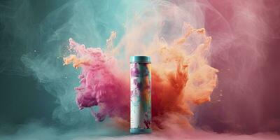 Pink Aerosol Can Releasing a Cloud of Light Orange and Teal Powders. AI Generated photo