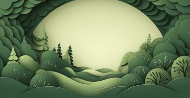 Paper Cut Forest Background with Trees and Sunlight in Shades of Green. AI Generated photo