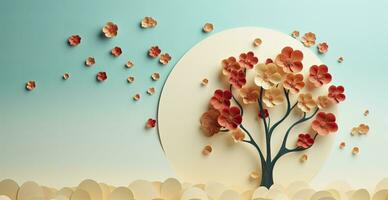 Paper Crafted Background with Artistic Tree, Flower, and Leaf Designs. AI Generated photo