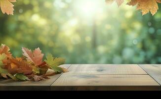 Wood table top with autumn leaves in the garden on the background. AI Generated photo