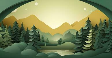 Paper Cut Forest Background with Trees and Sunlight in Shades of Green. AI Generated photo