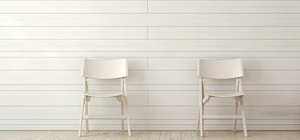 Minimalist Setting with Two White Folding Chairs Beside a Wooden Wall on a Wooden Floor. AI Generated photo