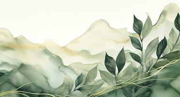 Green and Gold Leaves in a Watercolor Landscape with Free-Flowing Lines and Smokey Background. AI Generated photo