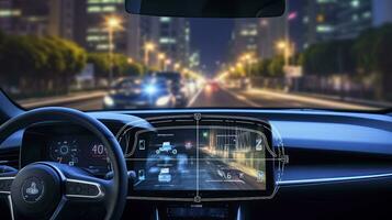 innovador inteligente coche con hud y sensor Radar sistemas en ciudad calles ai generado foto